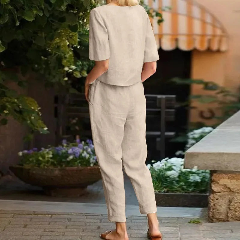 Women's Cotton Linen Suit Summer Matching Suit Half-sleeved Round Neck Tie Elastic Waist Trousers Wide-leg Pants Retro Suit 2024 - Matrix-studios.com
