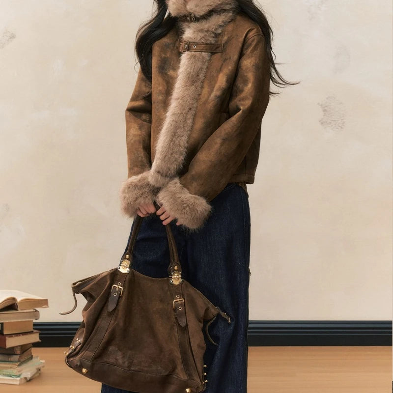 Autumn and Winter Coat with A Stylish Fur Patchwork Design Women's Biker Jacket Leather and Fur Integrated Jacket - Matrix Studios