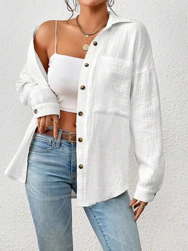 Summer 100% Cotton Women Shirts Casual Turn Down Collar Shirt Top Long Sleeve Top Office Lady Elegant Blouses for Women Blusas - Matrix-studios.com