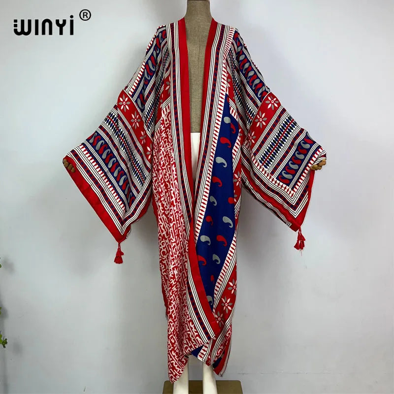 2023 WINYI New Cotton Feeling Bikini Cover-ups Bohemian Print Front Open Long Kimono Kaftan Beach Cover Ups for Swimwear Dresses - Matrix Studios