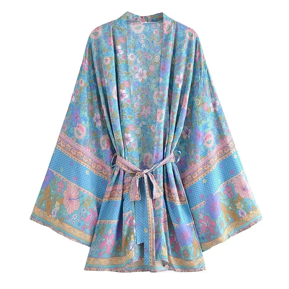 Boho Queens Floral Print Sashes Bohemian Kimono Women  V Neck Batwing Sleeves Short Robe Vacation Beach Bikini Cover-ups - Matrix Studios