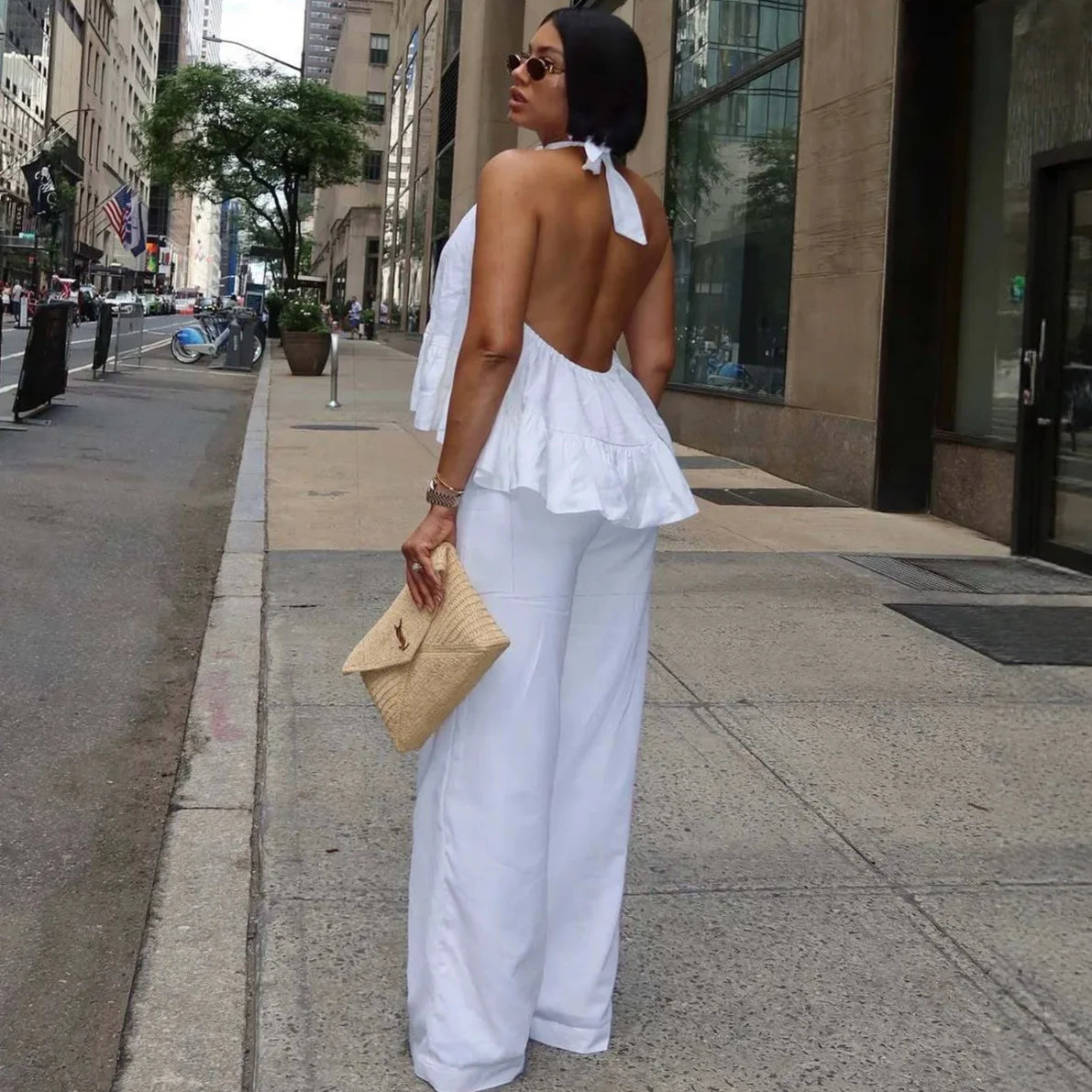 Two‑Piece Set Halter Tie‑Back Peplum Sleeveless Top & Wide‑Leg Pants Women Summer Backless Vacation Elegant Casual Matching Set - Matrix-studios.com