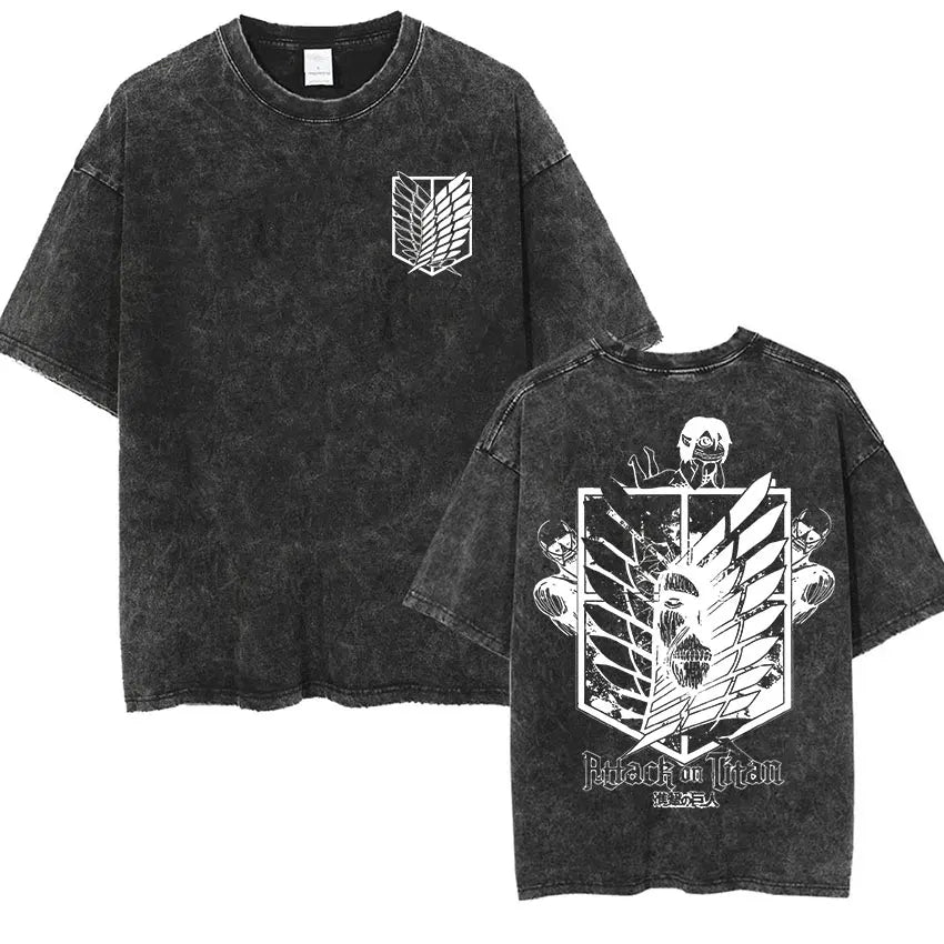 Anime Attack on Titan Vintage Washed Print T-shirt Mikasa Ackerman Eren Jaeger Wings of Freedom Logo Mens Summer Cotton T-shirts - Matrix Studios