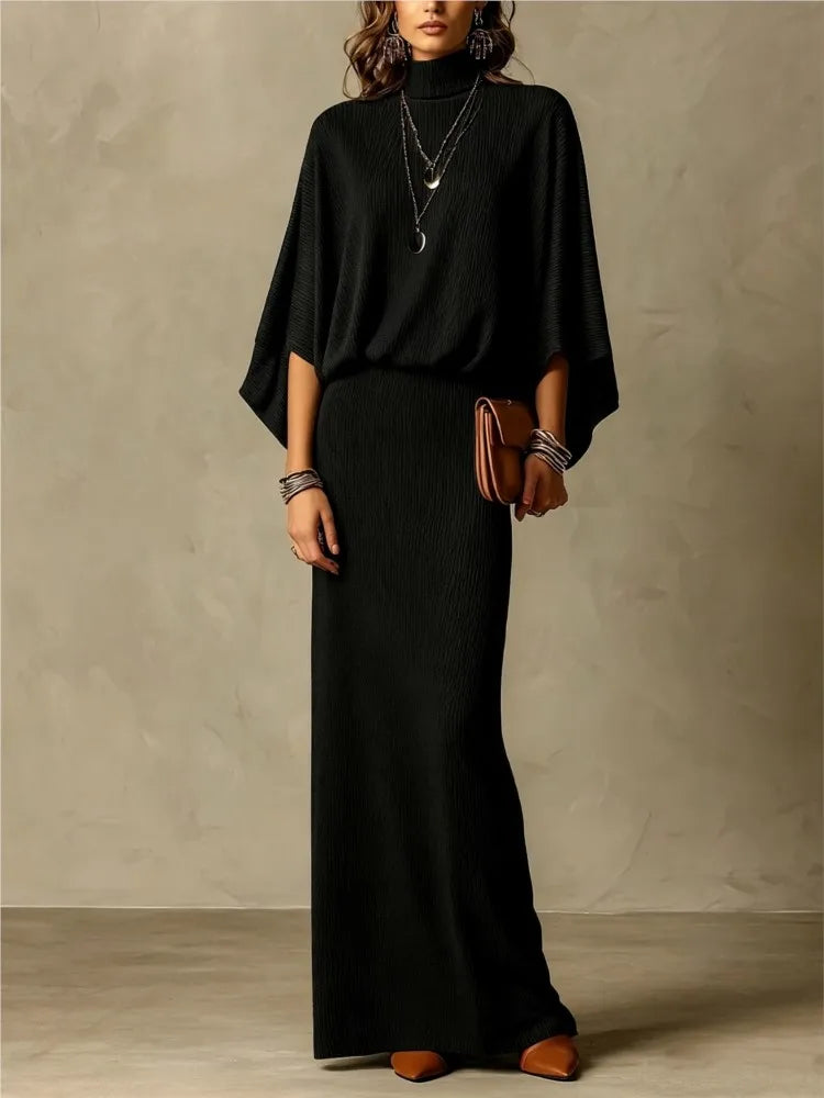 Autumn Winter New Fashion High Collar Bat Sleeve Skirt 2piece Set Women Casual Knitted Pit Strip Elegant Slim Hip Hip Skirt Suit - Matrix-studios.com