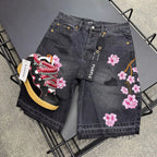 Y2k Cherry Blossom Embroidered Denim Shorts Mens Womens Gothic Harajuku Retro Loose Casual Denim Shorts Fashion Punk Streetwear