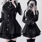Y2k Aesthetic Lolita Style Bow Dress Shorts Set Japanese Women Gothic Lace Flare Sleeve Button Shirt Dress Punk Party Mini Dress - Matrix-studios.com