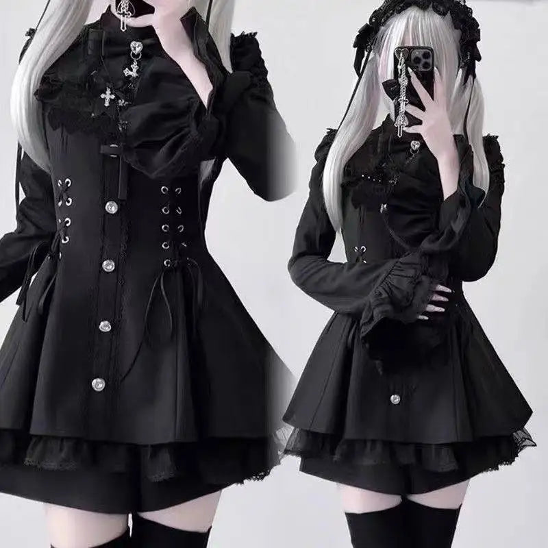 Y2k Aesthetic Lolita Style Bow Dress Shorts Set Japanese Women Gothic Lace Flare Sleeve Button Shirt Dress Punk Party Mini Dress - Matrix-studios.com