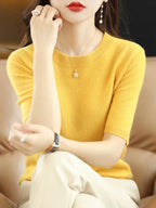 New Short-sleeved Knitwear Women O-neck T-shirt Wool Cotton Blend Pullover Vest Sprig Summer Bottoming Tops Sweater Solid Soft - Matrix Studios