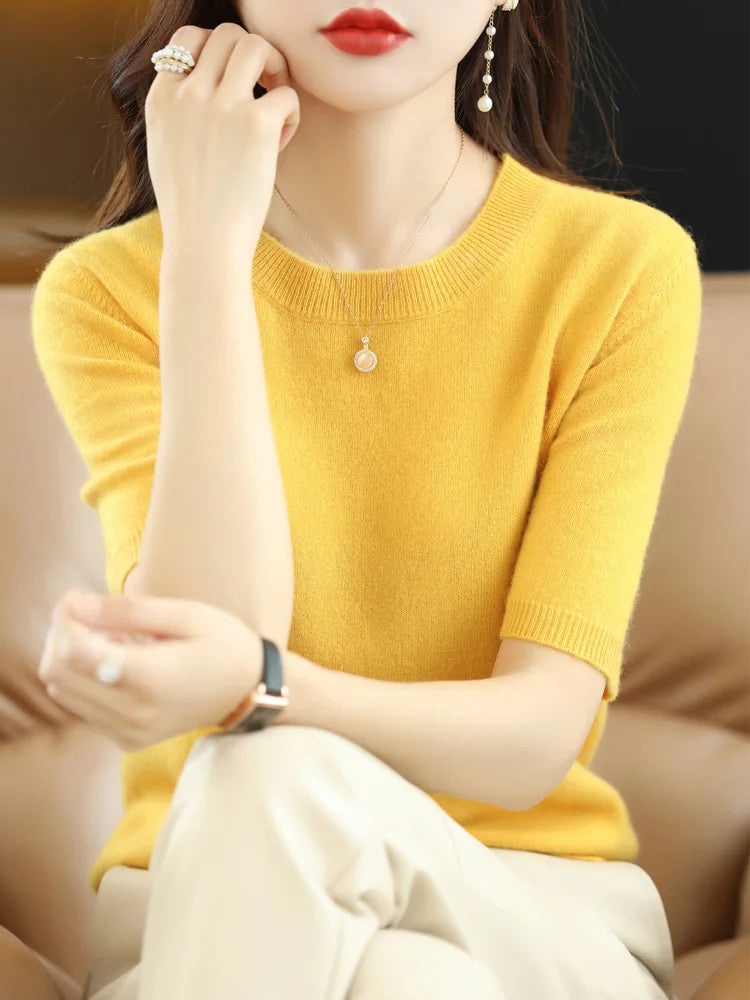 New Short-sleeved Knitwear Women O-neck T-shirt Wool Cotton Blend Pullover Vest Sprig Summer Bottoming Tops Sweater Solid Soft - Matrix Studios