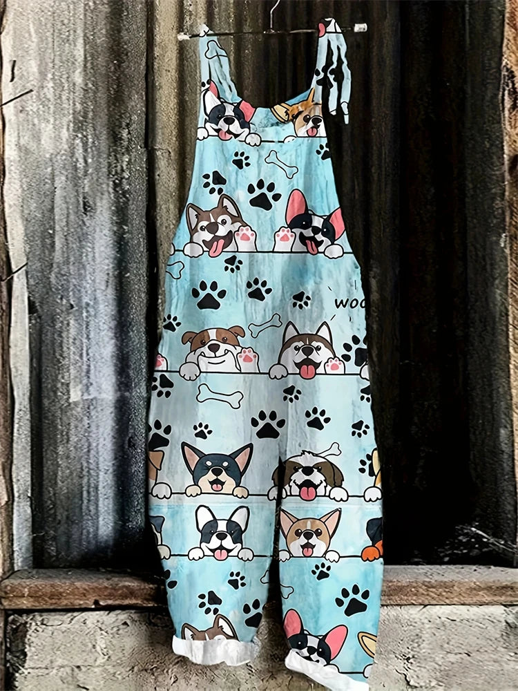 New Summer Women's Jumpsuit Cartoon Dog Print Fashion Cute Casual Jumpsuit Women's Parent-Child Outdoor Travel Lace-Up Jumpsuit - Matrix Studios
