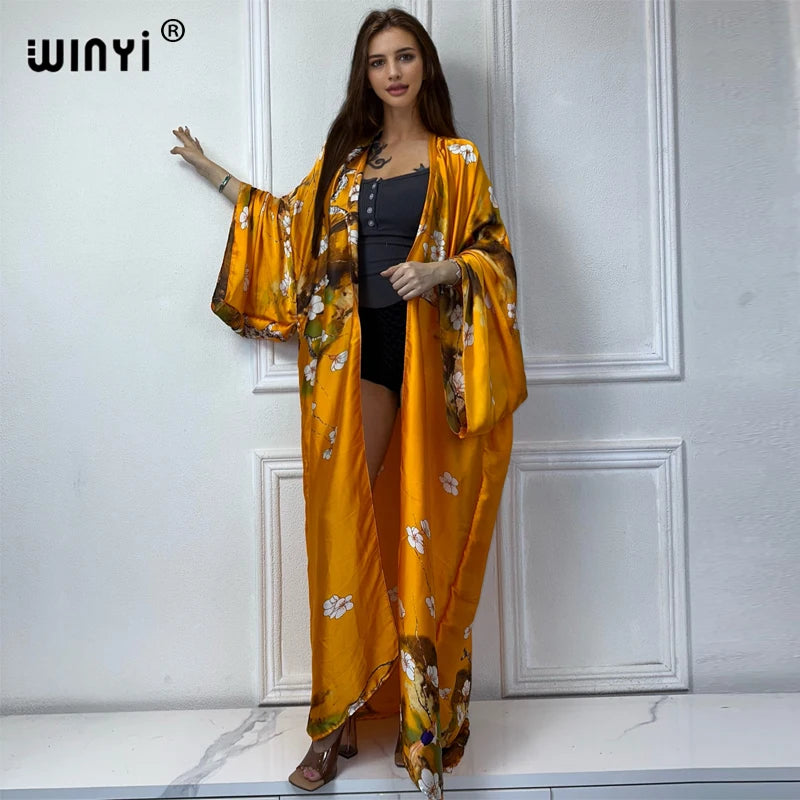 WINYI 2022 africa Boho Printed Long Kimono Dress Bikini Wrap Cover-ups Women Summer Clothes Beach Wear Swim Suit Cover Up kaftan - Matrix Studios