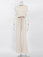 Spring Summer 2025 Women Holiday Linen Pant Set Crop Tops Solid Outfits 2 Two Piece Matching Set For Women - Matrix-studios.com