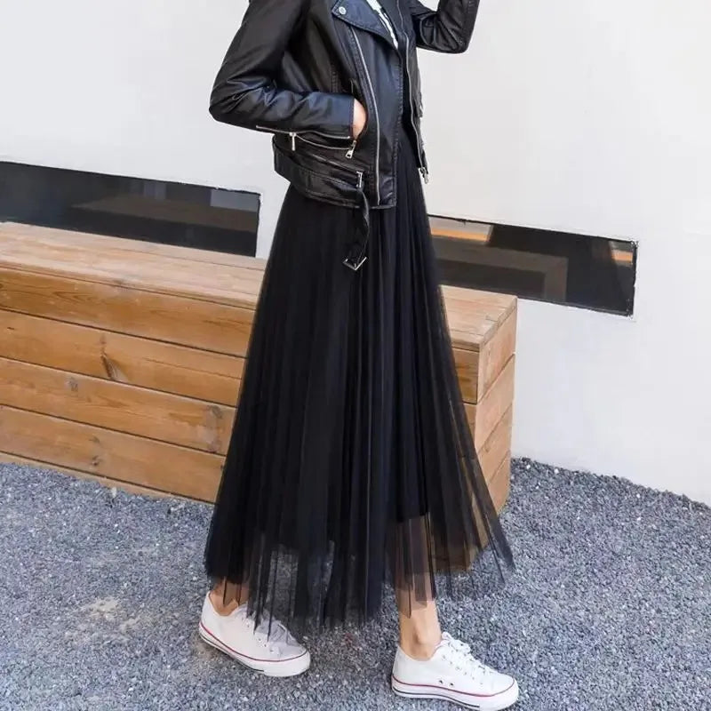 Vintage Tulle Skirt Women Streetwear Elastic High Waist Mesh Pleated Skirts Summer Elegant Korean A Line Office Ladies Skirt New - Matrix-studios.com
