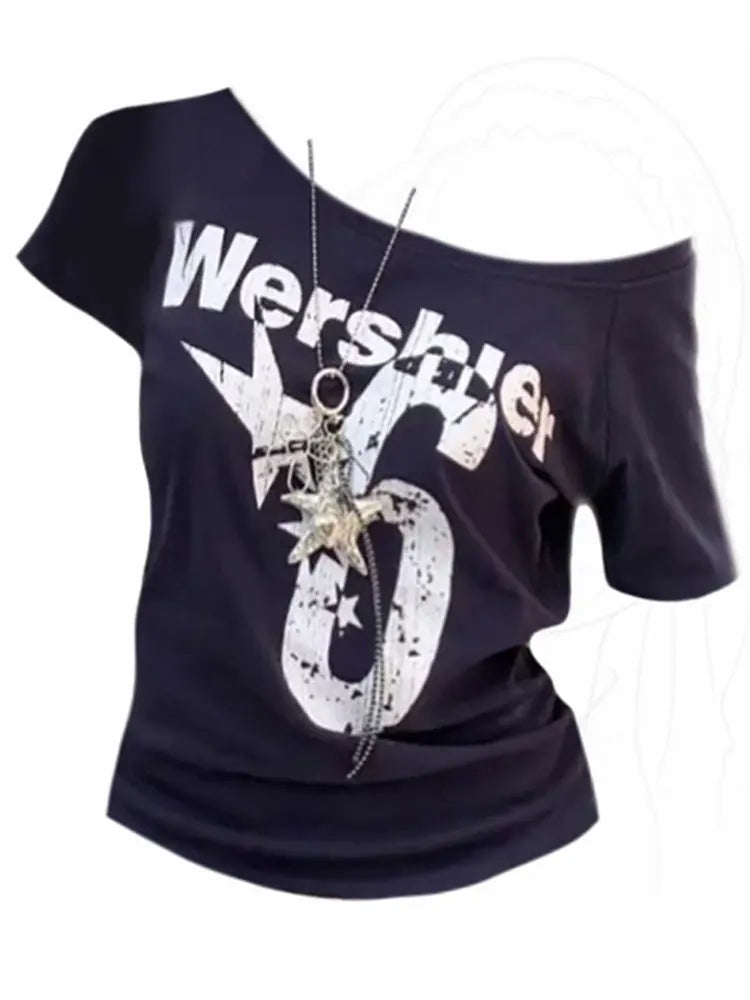 Summer Y2k Sport Off Shoulder Top Women Sexy Vintage 2000s Short Sleeve T Shirt Lady Body Basic Crop Top Female Casual - Matrix-studios.com
