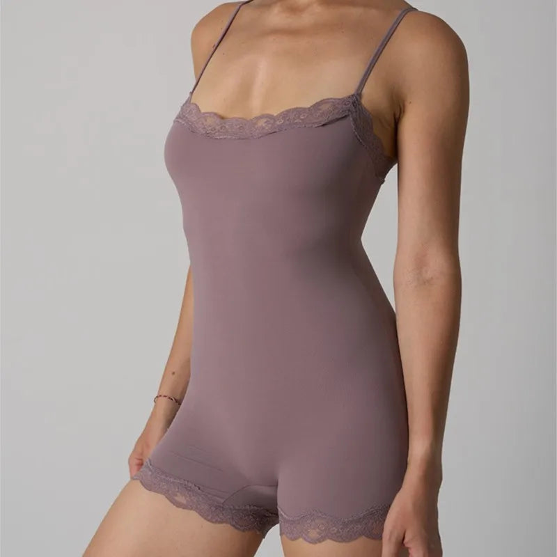 Hot Women Sexy Lace Patchwork Bodysuit Sports FitnessSkinny Shaperwear Camisole Square Neck Spaghetti Strap Slimming Bodycon - Matrix-studios.com