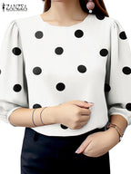 2025 Summer Polka Dots Printed Blouse ZANZEA Elegant Women Shirt Casual O-Neck 3/4 Sleeve Holiday Tops Fashion OL Work Blusas - Matrix-studios.com