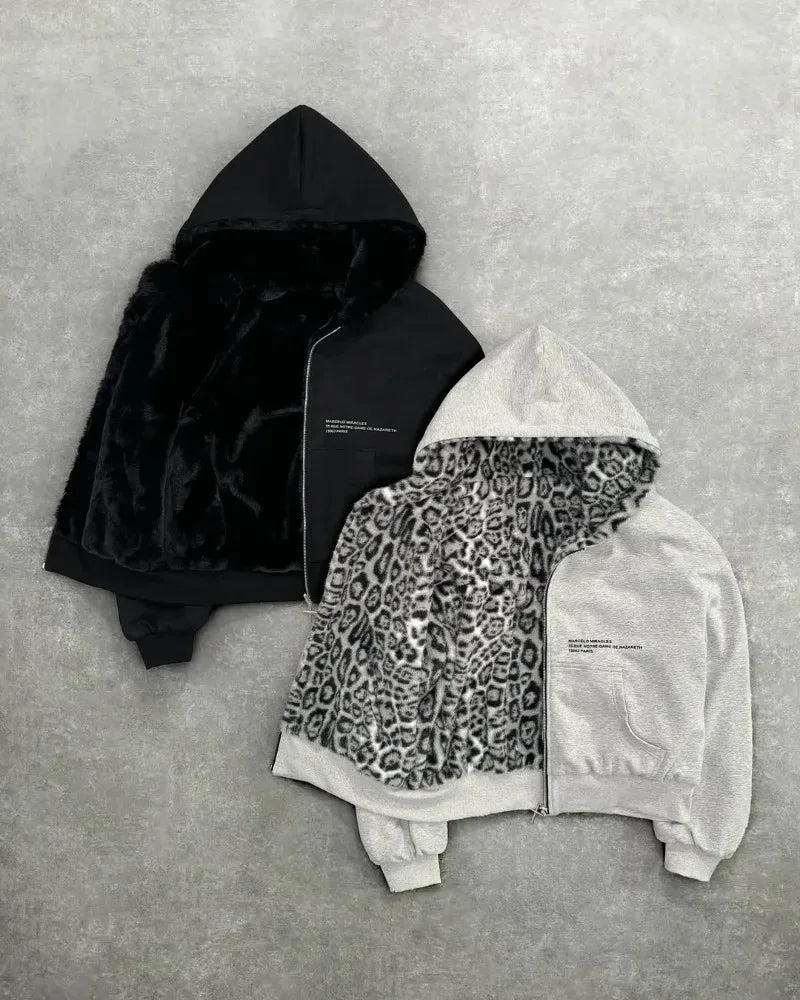 Hip-hop New Two-sided Clothing Harajuku Retro Leopard Print Fashionable Loose Zipper Hoodie Men Street Casual Sweatshirt Women - Matrix Studios