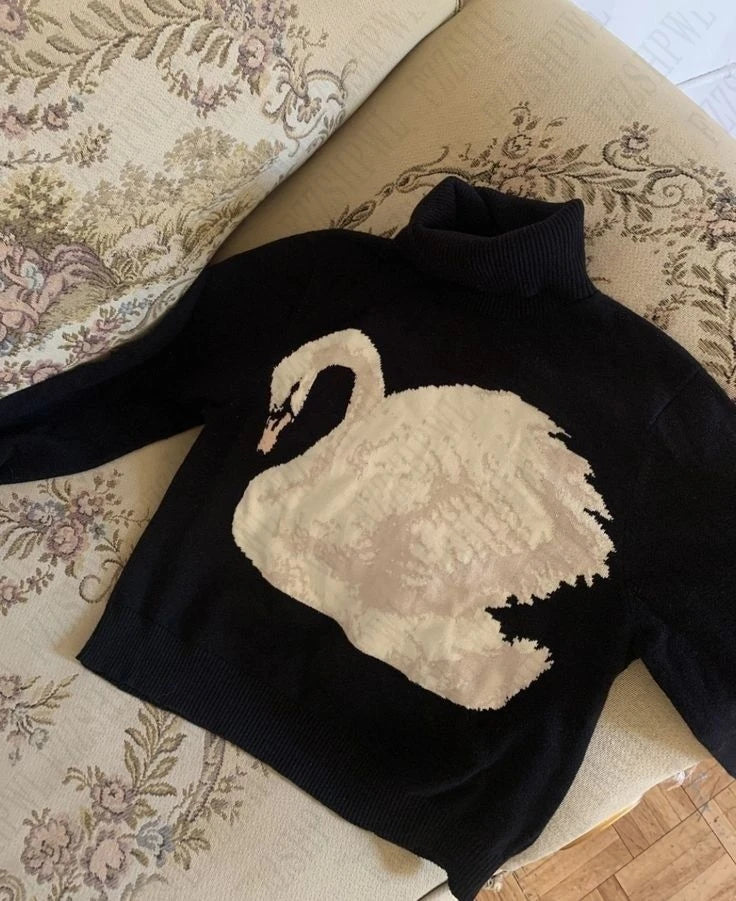 Black Swan Graphic Print Women Sweet Cute Turtleneck Knitted Sweater Y2K Style Winter Harajuku High Street Casual Warm Pullover - Matrix Studios