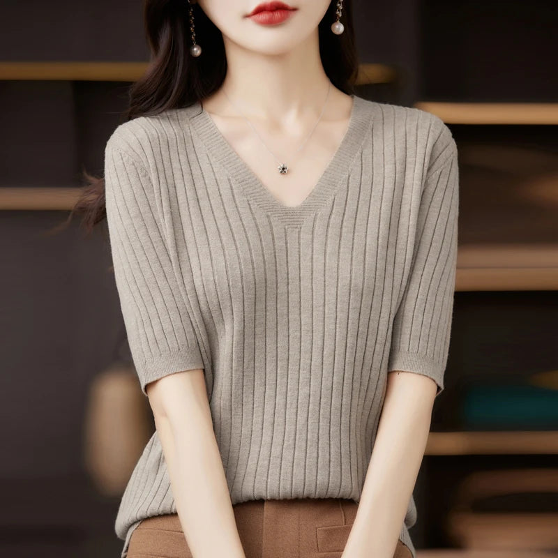 Women's Sweater Spring Summer Short Sleeve V-neck Knit Shirt Casual Korean Pullovers Stripe Bottoming Shirt Slim Fit Jumpers - Matrix Studios