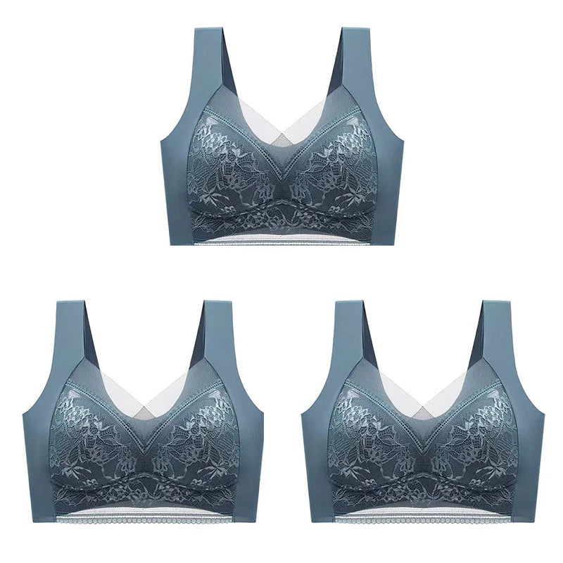 3Pcs Women Lace Bra Perspective Push Up Ice Silk Deep V Bralette Bra Sexy Lingerie Tops Plus Size Cup Mom's underwear L-5XL - Matrix Studios