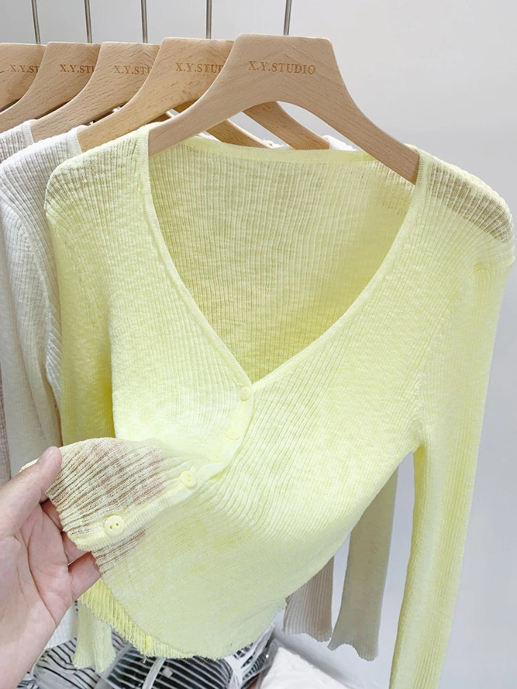 2026 Summer Thin Air Conditioning Blouse Ice Silk Knit Sun Protection Women Cardigan Solid Color Casual Short Shawl Outerwear - Matrix Studios