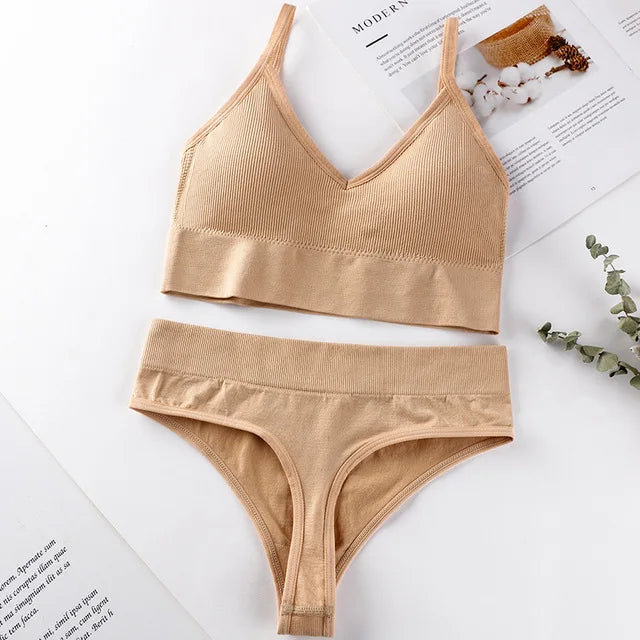Qisin French Backless Push Up Underwear Set Women Sexy Seamless Bralette Female Lingerie Soft Tank Crop Top Gym Sport Bra Set - Matrix-studios.com
