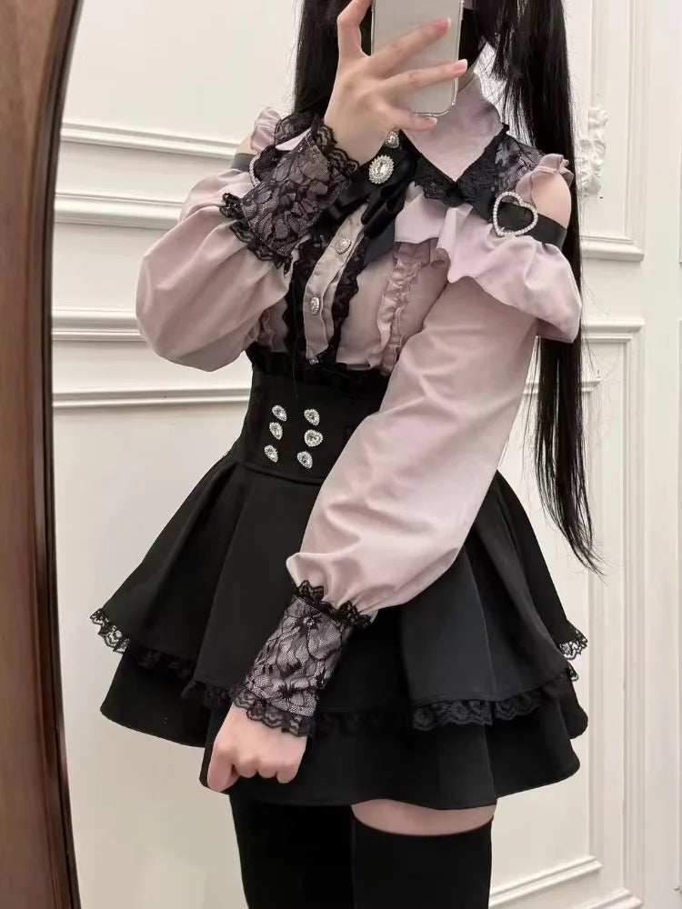 Japanese Y2 Aesthetics Vintage Bow Dress Shorts Set Women Gothic Lolita Style Long Sleeve Shirt Dress Elegant Party Dress Suits - Matrix-studios.com