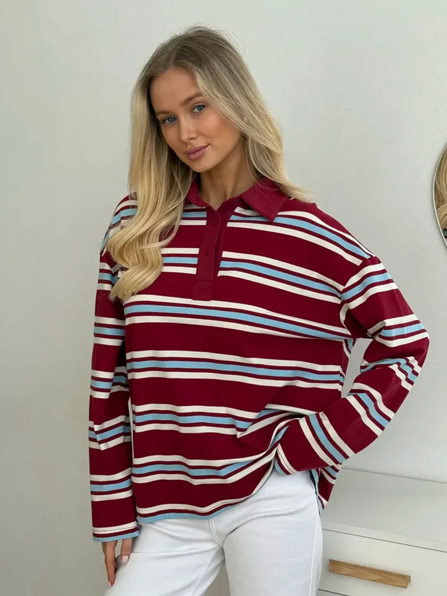 Wolfeel  Women's Vintage Inspired Retro Striped Polo Collar Oversized Drop Shoulder Long Sleeve  T-Shirt Trendy  Casual Top - Matrix-studios.com
