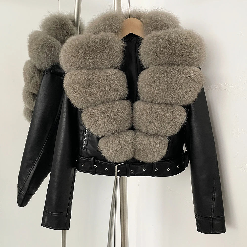 Fake Leather Coat New Natural Fox Fur Autumn Short Faux Leather Jacket Female Spring PU Women Long Sleeve Real Fur Coat Thin - Matrix Studios