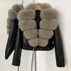 Fake Leather Coat New Natural Fox Fur Autumn Short Faux Leather Jacket Female Spring PU Women Long Sleeve Real Fur Coat Thin - Matrix Studios