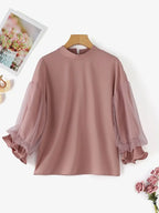 ZANZEA Women Elegant Party Blouse Vintage Mesh Ruffle 3/4 Sleeve Tops 2024 Autumn Stand Collar Shirts Korean Version Loose Tunic - Matrix-studios.com