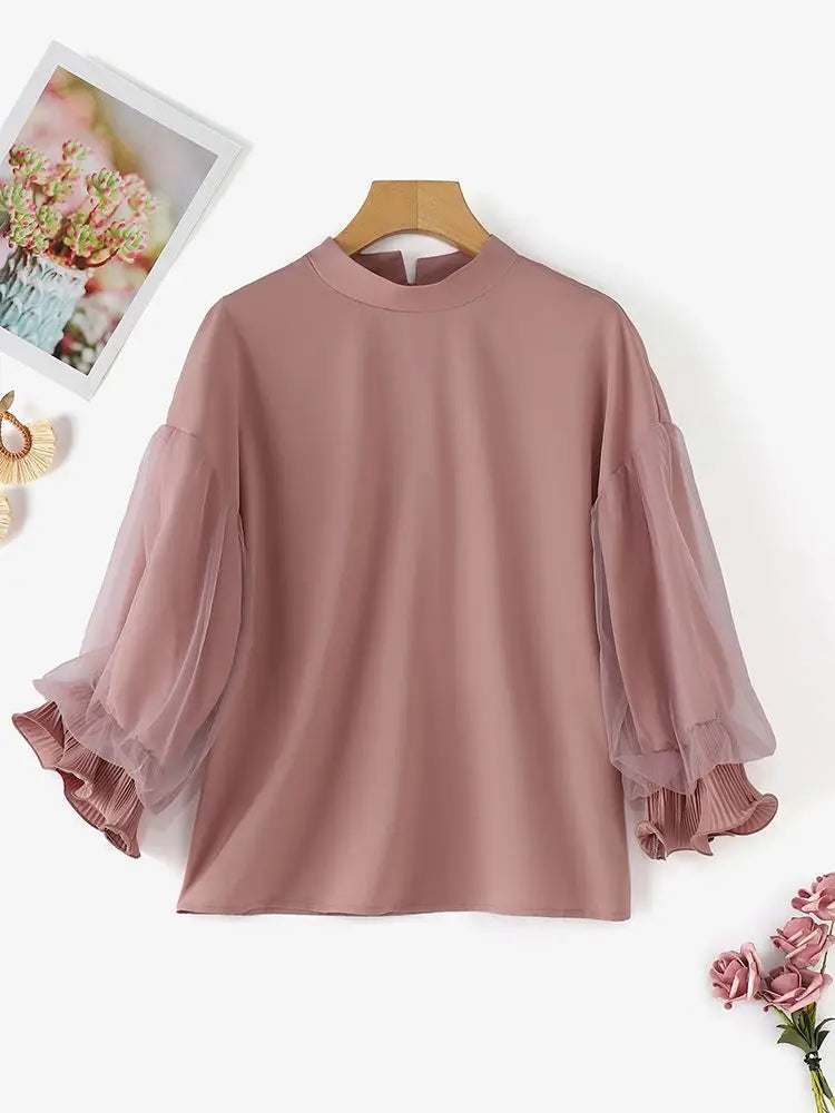 ZANZEA Women Elegant Party Blouse Vintage Mesh Ruffle 3/4 Sleeve Tops 2024 Autumn Stand Collar Shirts Korean Version Loose Tunic - Matrix-studios.com