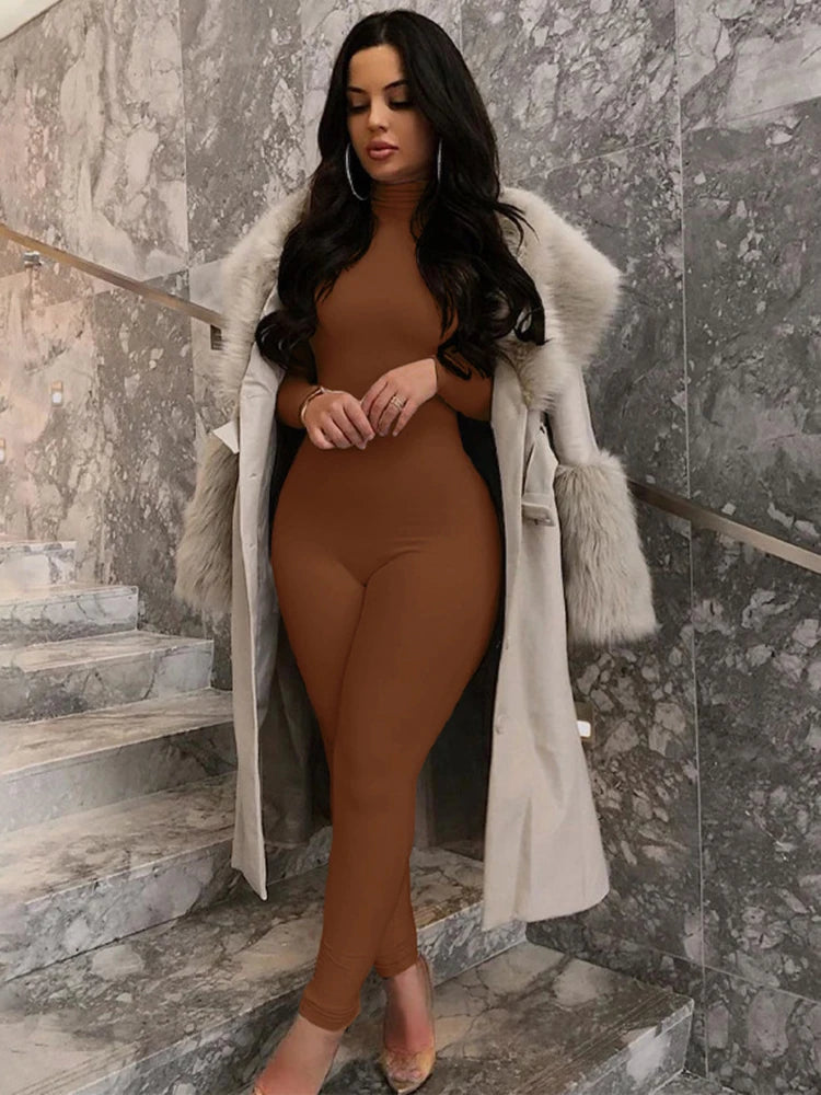 Hugcitar Fall Long Sleeve Solid Turtleneck Sexy Skinny Bodycon Jumpsuit Women Fashion Streetwear Sport Casual Romper Overalls - Matrix Studios