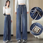 Loose Fit High Waist Wide Leg Jeans Women plus Size Light Blue Elastic Waist Dstring Trousers Autumn Faion plus Size - Matrix-studios.com
