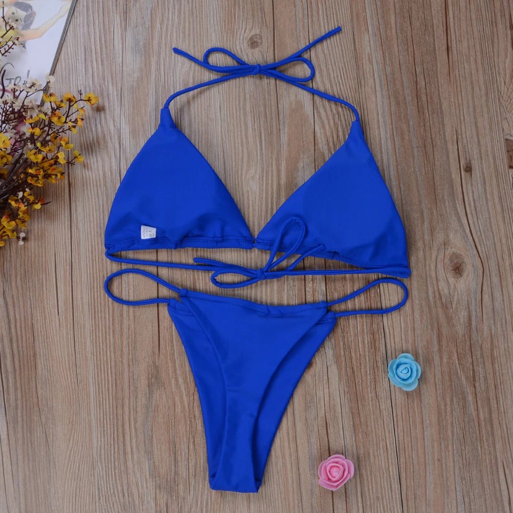 Women Tie Sexy Thong Bikini Set Side Swimsuit Bandage Style Brazilian Swimwear Split Strap Adjustable Solid Female Swimsuit Set - Matrix-studios.com