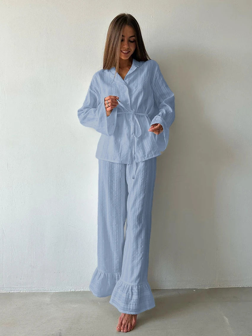 Marthaqiqiq Casual Women Nightgown 2 Piece Suit Long Sleeve Nightwear Turn-Down Collar Sleepwear Pants Loose Home Clothes Ladies - Matrix-studios.com