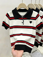 Polo Collar Striped Heart Knit Tee Women White Blue Black Short Sleeve Soft Stretch Sweet Daily Office SlimKnit T Shirt Blouse - Matrix-studios.com