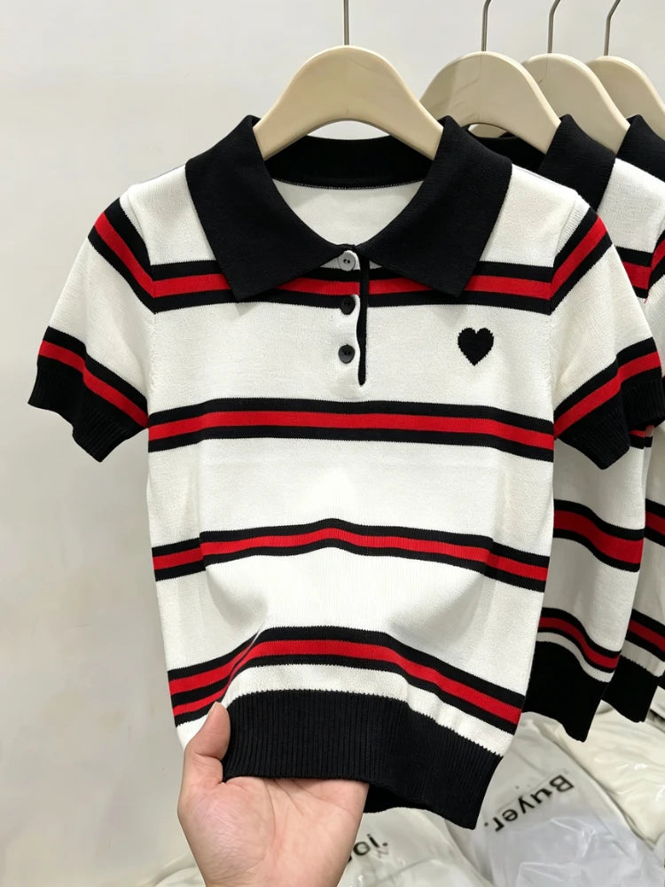 Polo Collar Striped Heart Knit Tee Women White Blue Black Short Sleeve Soft Stretch Sweet Daily Office SlimKnit T Shirt Blouse - Matrix-studios.com