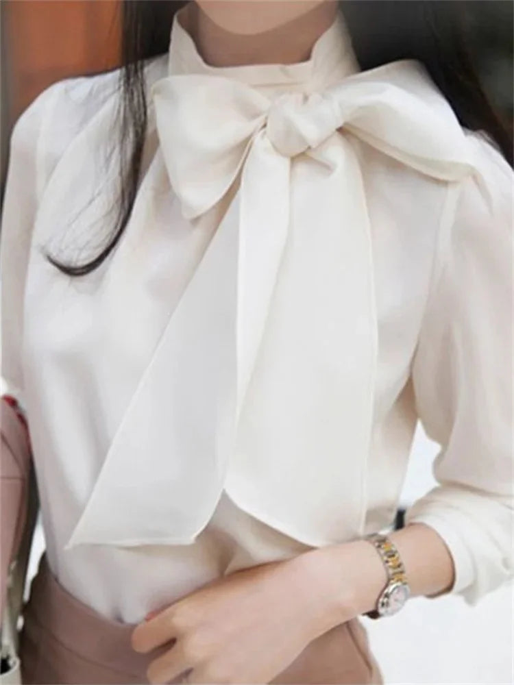 Women Spring Summer Style Chiffon Blouses Shirts Lady Casaul Long Sleeve White Black Bow Tie Collar Blusas Tops - Matrix-studios.com