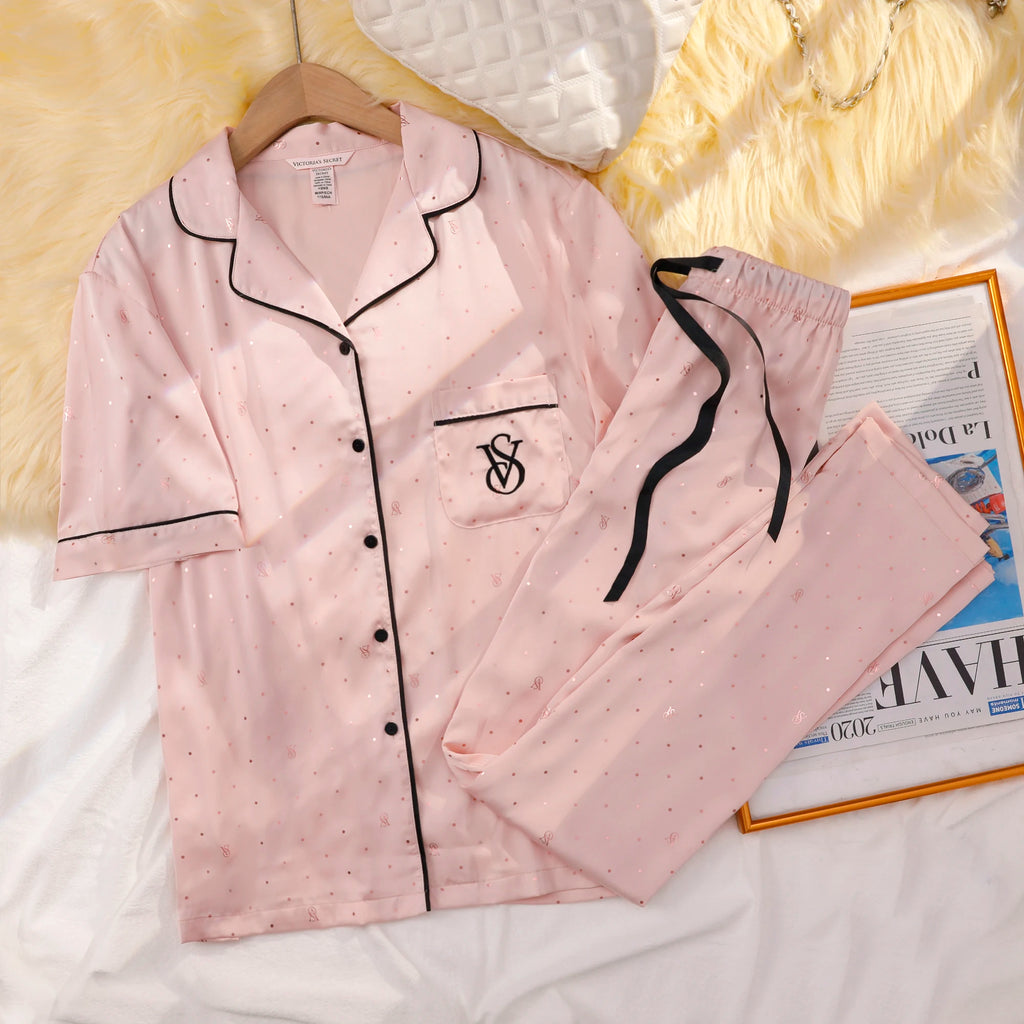 Victoria's Secret Soft Breathable Button Down Pyjama Suit Womens Silk Satin Pajamas Set Short Sleeve Shorts Sleepwear Loungewear - Matrix-studios.com