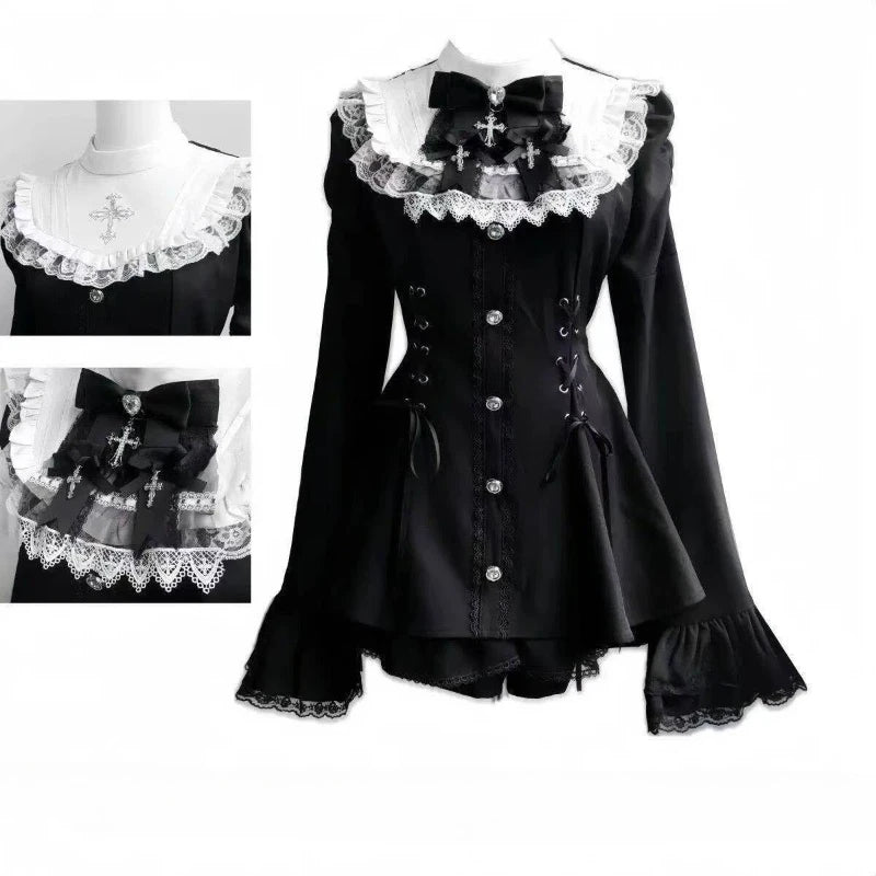 Y2k Aesthetic Lolita Style Bow Dress Shorts Set Japanese Women Gothic Lace Flare Sleeve Button Shirt Dress Punk Party Mini Dress - Matrix-studios.com