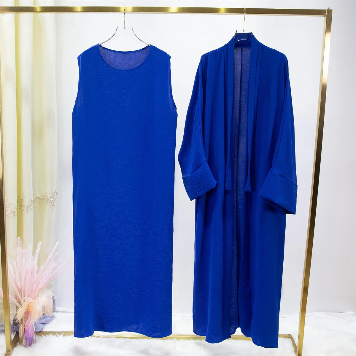 2pics Muslim Sets Muslim Jilbab Two Pieces Women Out Abaya Loose Cardigan Coat Sleeveless Inner Dress Prayer Clothing with Belt - Matrix-studios.com