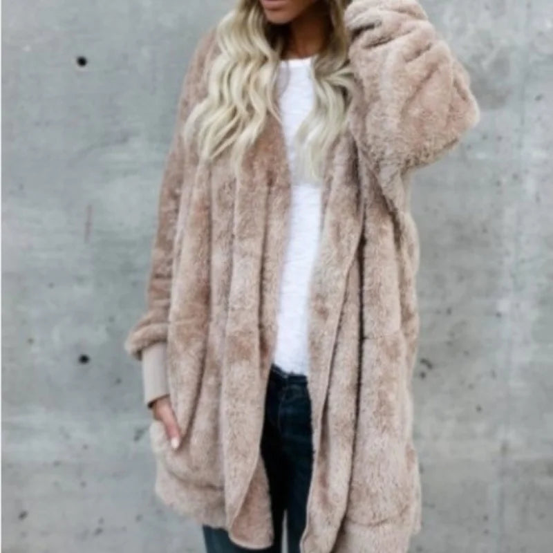 Women Autumn Winter Double-faced Fur Fleece Faux Fur Medium Style Hooded Warm Thick Coat Casual Solid Long-sleeved Fur Overcoat - Matrix Studios