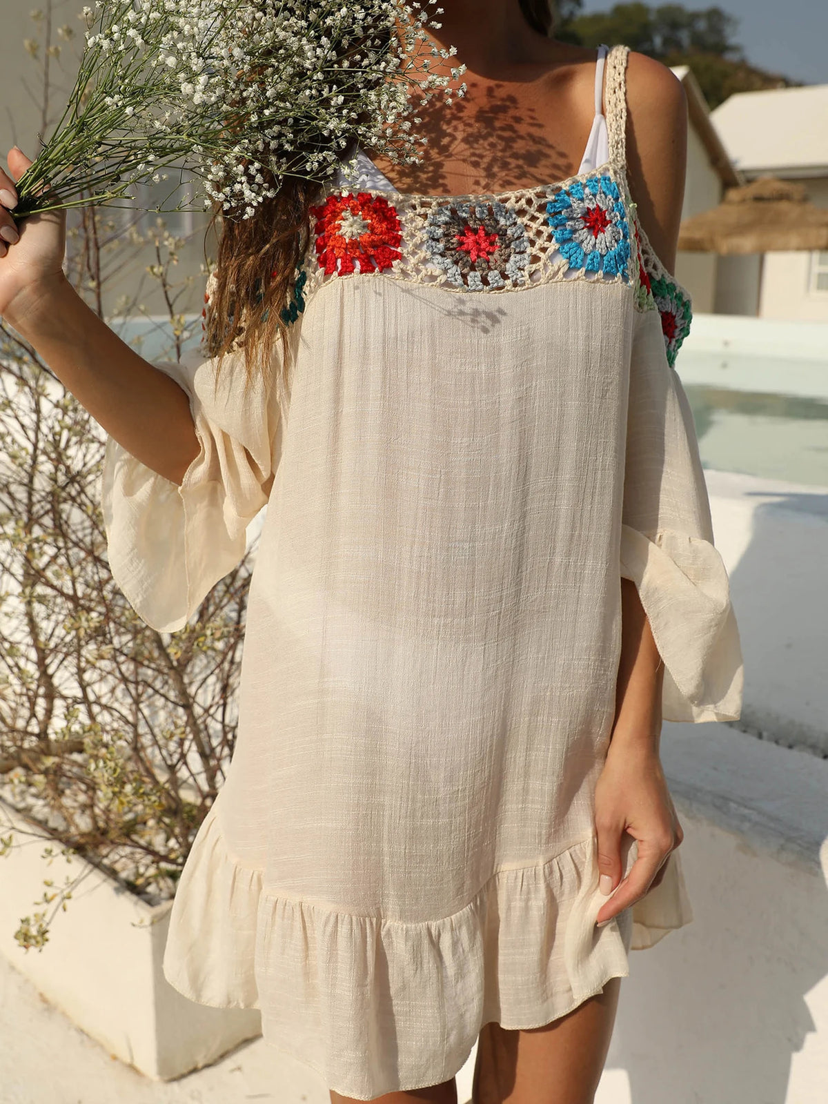 Handmade Crochet Patchwork One-Shoulder Bikini Cover Up Pool Party Beach Holiday Sunscreen Smock See-Through Casual Beach Dress - Matrix Studios