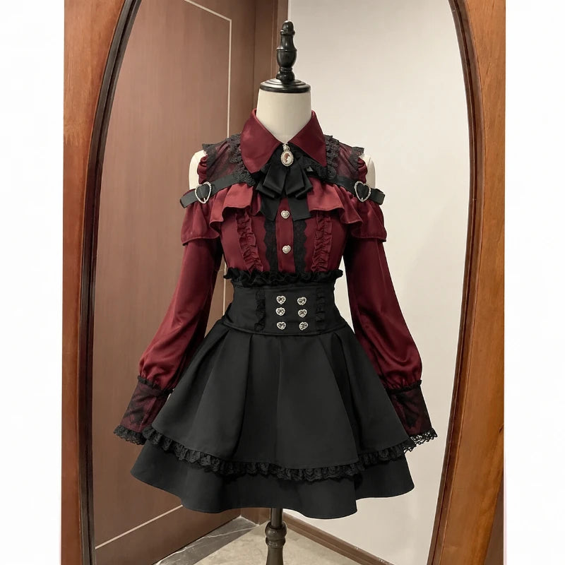Y2k Japanese Kawaii Two-Piece Sets Long Sleeve Top + Short Skirt Sweet Women Casual Cute Print Bow Patchwork 2025 New Arrival - Matrix-studios.com