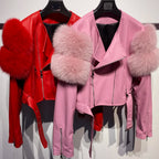 GO BALLISTIC YA Ladies' Genuine Leather Jacket with Fur Sleeve Women's Natural Lambskin Outfit - Matrix Studios