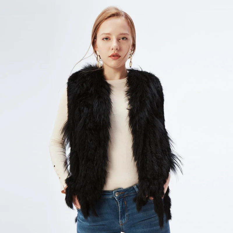 Women's Real Rabbit Fur Vest Knit Natural Leather Tassel Waistcoat Raccoon Fur Collar Winter Knitted Jacket Coat Wholesale - Matrix Studios