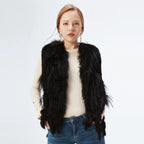 Women's Real Rabbit Fur Vest Knit Natural Leather Tassel Waistcoat Raccoon Fur Collar Winter Knitted Jacket Coat Wholesale - Matrix Studios