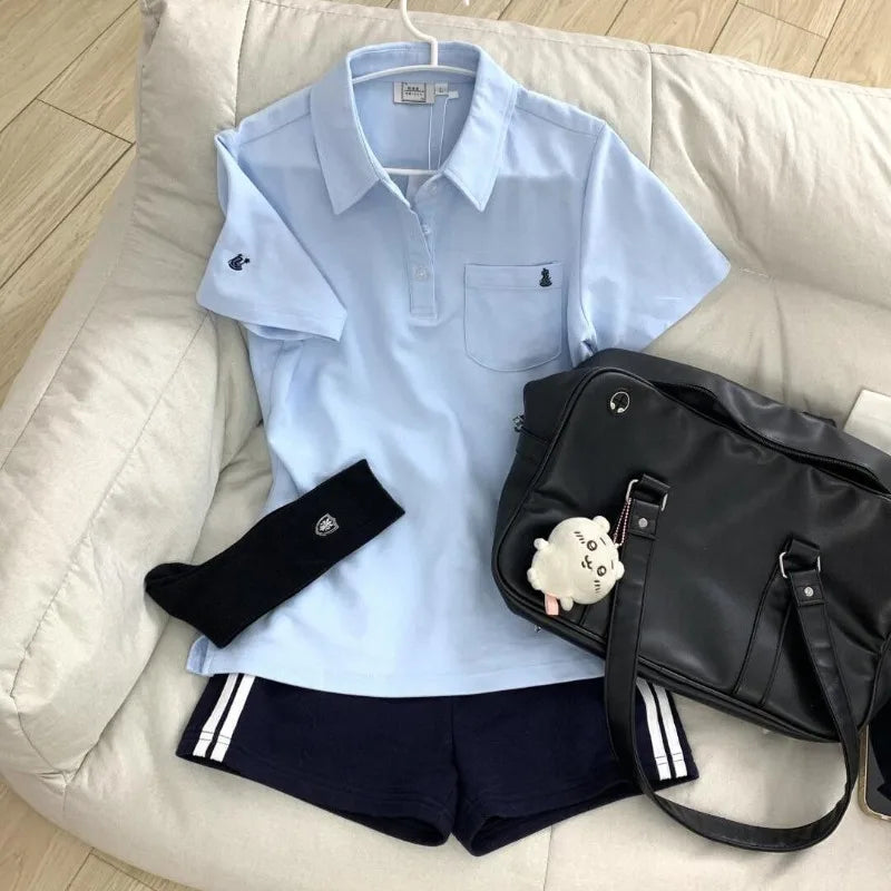 Deeptown Blue Polo Shirts Women Shoujo JK Japanese Preppy Style White T-shirts Short Sleeve Embroidered Tees Basic Pink Tops - Matrix-studios.com