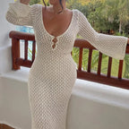 Yiiciovy Sexy Women Long Knit Beach Dress Hollow-Out Deep V-Neck Long Sleeve Bikini Cover-Ups Dress Fall Backless Holiday Dress - Matrix Studios